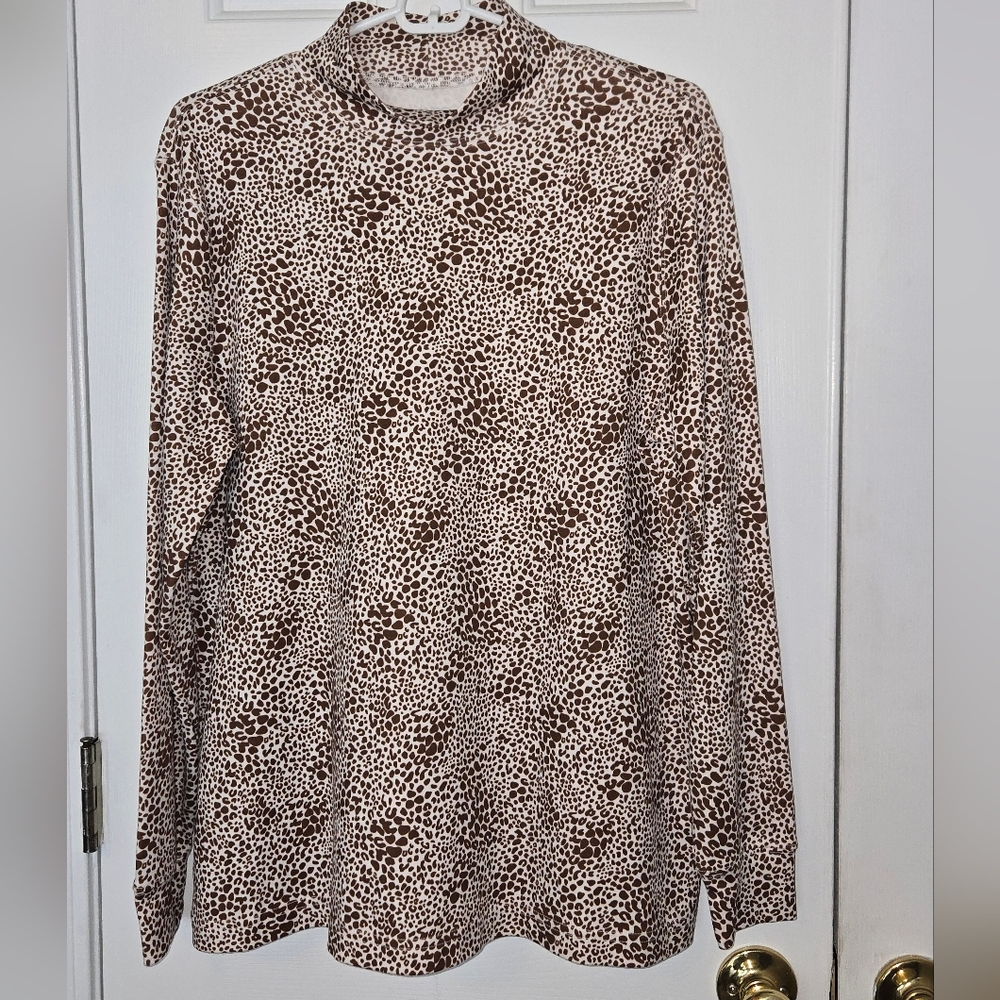 Lands' End Brown White Leopard Animal Print Long Sleeve Top Women's Size L